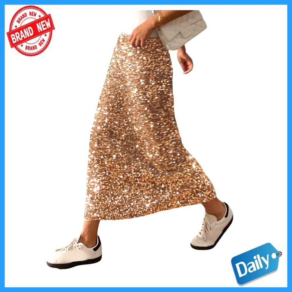 Sequin Midi Skirt with Split Hem, Glitter Party Skirt, Regular Fit